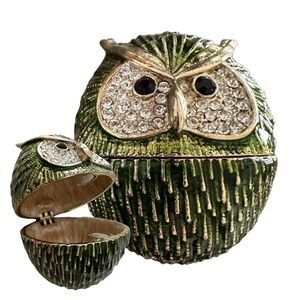 Jeweled Owl Bird Jewelry Trinket Box w/Hinged Lid 1.5”x 1.5” Green & Gold